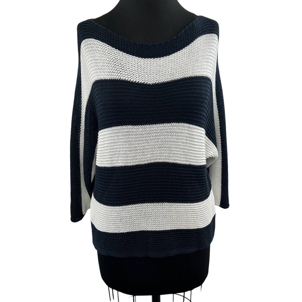 Carina Ricci Blue White Open Knit Striped Sweater Boatneck Long Sleeve M ITALY